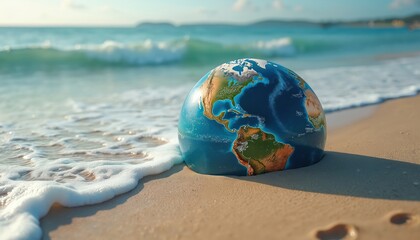 Planet rests on sandy beach with ocean waves washing ashore. Its continents show green landmasses and blue water bodies under bright sunny sky.