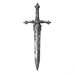 Antique fantasy sword, hand drawn ink illustration, medieval weapon, black ink sketch, isolated on white.
