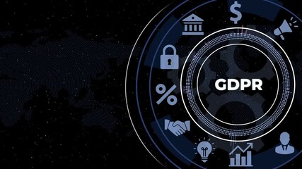 GDPR concept diagram with icons representing data privacy and business on a digital with gears background. - Powered by Adobe