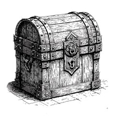 Old wooden treasure chest, medieval loot box, hand drawn ink illustration, vintage engraving.