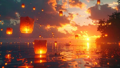 Floating lanterns illuminate a tranquil ocean scene at sunset. The vibrant sky reflects in the water, creating a dreamy ambiance