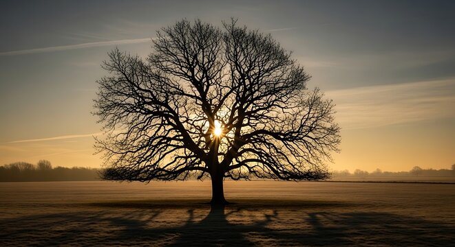 Silhouette of a tree against a sunrise background in open field landscape - Powered by Adobe