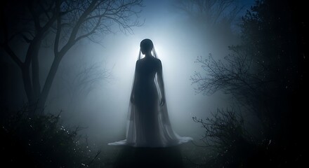 Silhouette of a woman in a veil standing in a foggy forest at night