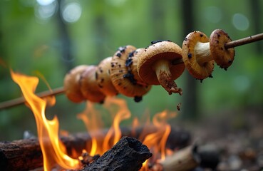 Fototapeta premium Mushrooms on stick cook over campfire flames in forest. Close up view of food roasting on open fire. Nature outdoor cooking preparing fresh wild food on embers.