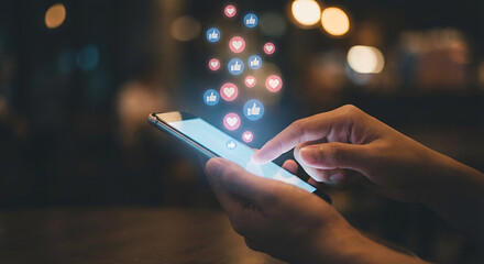 Social Media Engagement: Hands Interacting with Smartphone, Likes & Hearts Emerge from Screen, Representing Digital Connection and Online Communication.