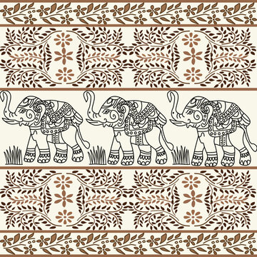 Seamless Indian Elephant Decorative Pattern in Earth Tone Style