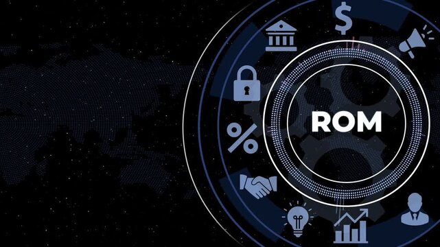 ROM acronym concept with business icons and with gears background Keywords: ROM, Read Only Memory, technology, data, storage, computer, digital, information