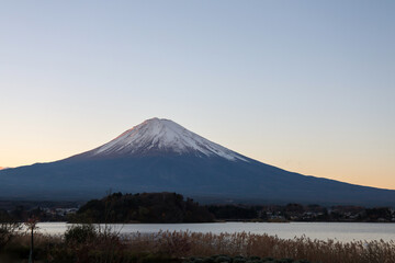 View of landscape fuji mountain in winter from Lake Kawaguchi