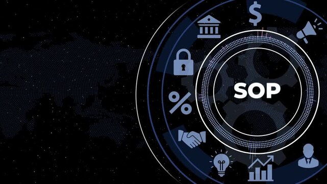 Standard Operating Procedure S O P business process flow chart with global network connections and icons for people money security communication and startup launch on digital with gears background