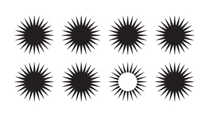 A collection of black and white sunburst illustrations on a plain white background