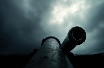 Low-angle view of a dark, weathered cannon barrel against a dramatic sky