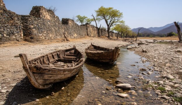 Two weathered wooden boats near a dry riverbed, beside a stone wall - Powered by Adobe