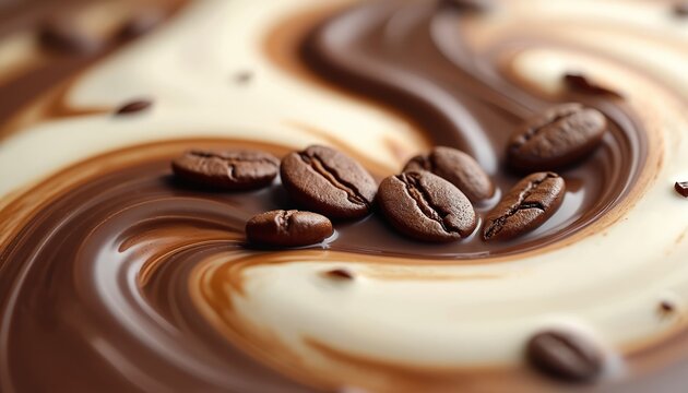 Coffee beans float on creamy swirls of milk and dark chocolate liquid. Smooth waves of brown and white blend together in a decadent mixture, creating an appealing texture.