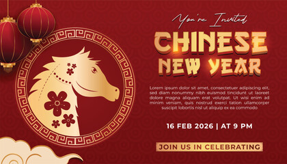 Chinese New Year Invitation with Golden Horse and Lanterns