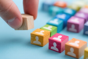 Hand placing a light-brown wooden block onto a line of colorful blocks, each featuring a person icon
