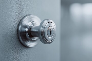 Close-up view of a brushed metal door handle with a keyhole