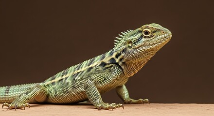 Naklejka premium Small green and yellow patterned reptile sits poised on a textured surface against a dark background