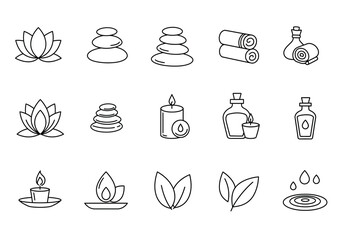 Black line icons depicting spa and wellness items in a threerow grid