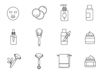Black line icons depicting various skincare and beauty products and tools