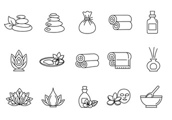 Black line icons for spa and wellness arranged in three rows of five