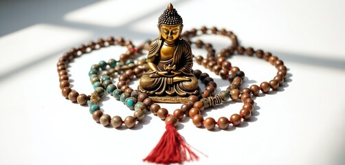 Zen Buddhist meditation beads and brass Buddha statue sit on white surface. Mala prayer necklace with tassel, spiritual item for mantra chanting and calm reflection.