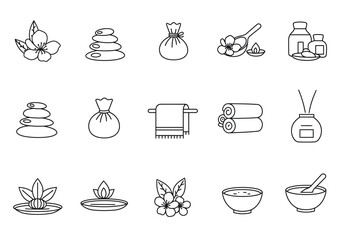 Black outline icons depicting spa and wellness objects across three rows