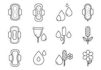Black line icons representing menstrual hygiene products including pads cups and tampons