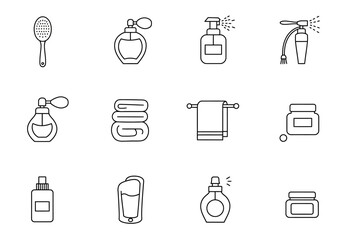 Black outline icons for hygiene and cosmetic items arranged in three rows