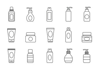 Black outline icons of various cosmetic and toiletry containers in three rows