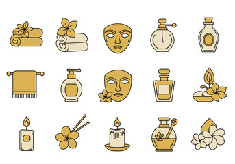 Collection of fifteen spa and relaxationthemed line art icons in gold tones
