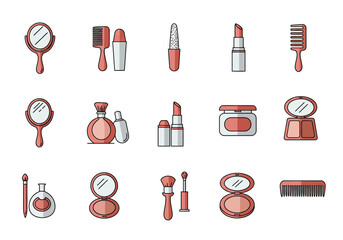Collection of pink and gray beauty and grooming icons arranged in three rows