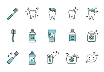 Dental hygiene icon set featuring toothbrushes paste rinses flossers and sparkling teeth