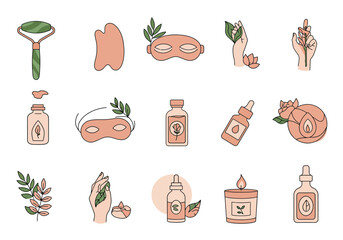 Collection of spa and beauty icons featuring jade rollers Gua Sha eye masks and oils