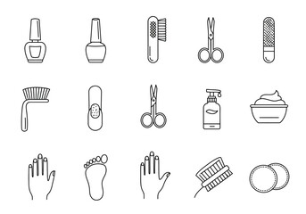 Line art icons for manicure and pedicure tools and body parts