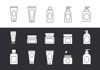 Line art icons of cosmetic containers displayed in three rows