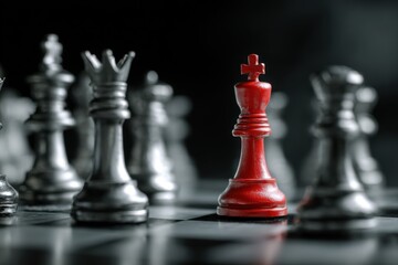 A red chess king amidst a group of silver chess pieces on a board