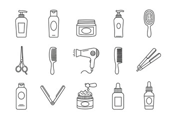 Line art icons of hair care tools and products in three rows