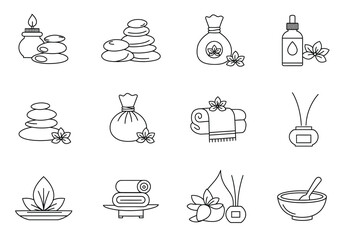 Line art icons representing spa and aromatherapy elements on a white background