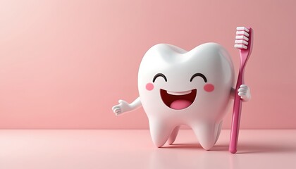 Cute cartoon tooth character holds toothbrush on pink background. Happy tooth brushing for dental hygiene and oral care. Healthy mouth with bright white smile promotes clean teeth.