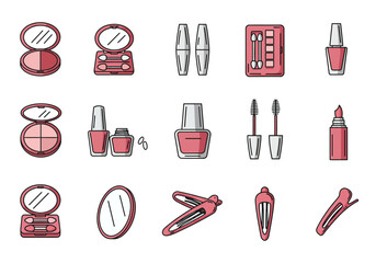 Pink makeup and hair accessories icons arranged in three rows