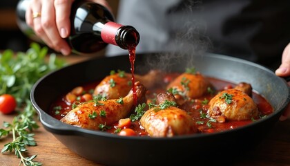 Chef adds red wine to chicken stew cooking in skillet. Pieces of chicken and sauce simmer in pot with herbs. Meal prepares in warm kitchen, steam rises from pan.