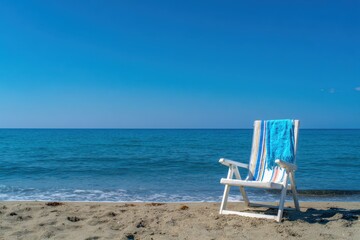 White beach chair on sandy shore, azure ocean and clear sky