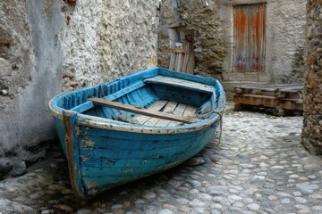 Old blue boat in a stone alley