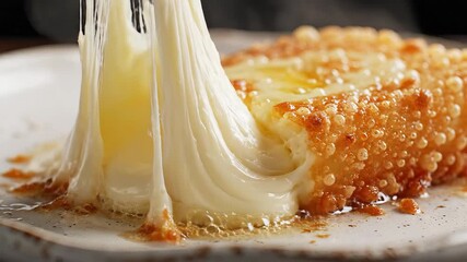 Closeup view of a golden crispy fried cheese stick expertly broken open to reveal the incredibly gooey molten and stretchy white cheese interior creating an irresistible and appetizing visual for foo.