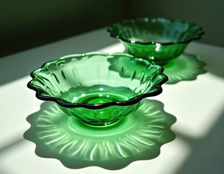 Two emerald green glass bowls with scalloped edges sit on a white surface. Sunlight creates dramatic shadows from the patterned glass. Vintage tableware detail.