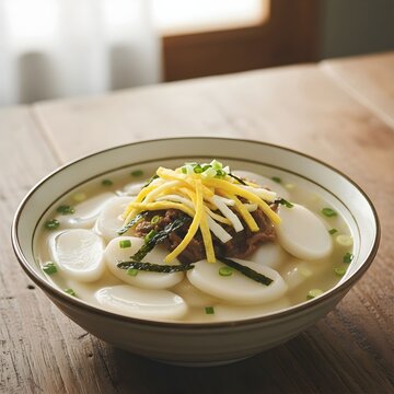 Korean New Year's food, rice cake soup, garaetteok garnish한국 설날음식 떡국 가래떡 고명
