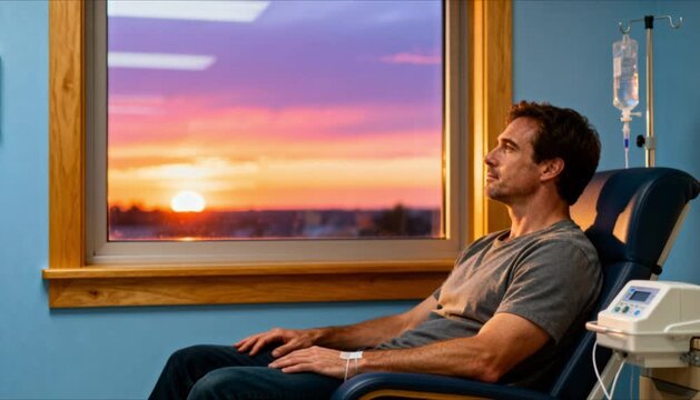 man sitting in chemotherapy chair looking at sunset window with calm and peaceful expression perfect for health and world cancer day