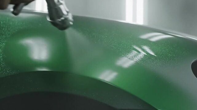 Professional painter applying shimmering metallic emerald green paint to a luxury car fender - Custom auto restoration work.