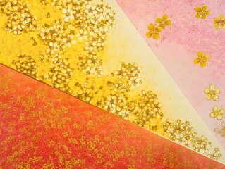 金色の桜文様が重なり合う和紙風の背景に紅と桃色が調和する華やかな和風デザイン