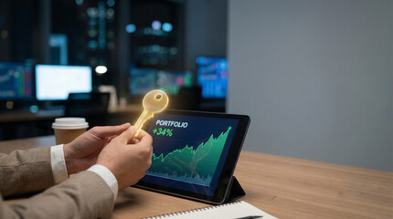 Finance freedom businessman concept. Business professional analyzing portfolio performance with key indicator.